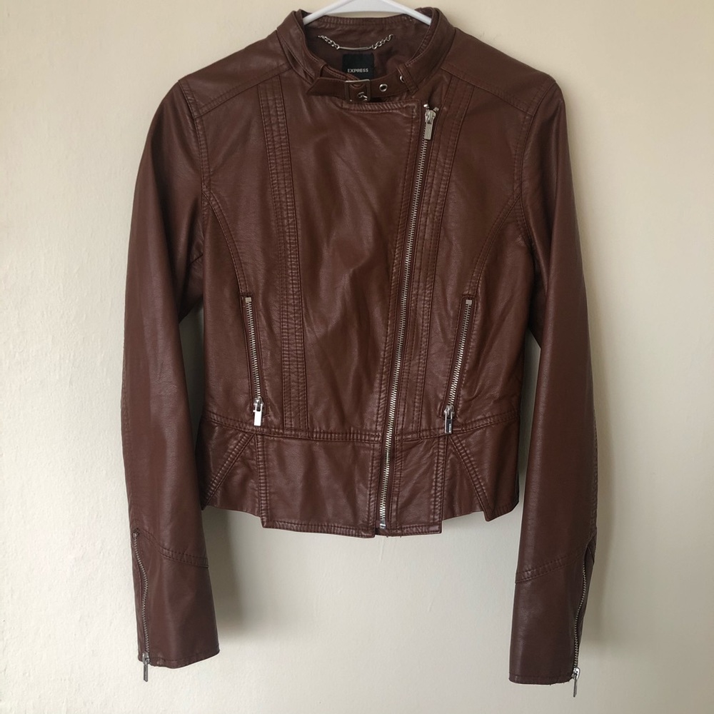 Express Brown Vegan Faux Leather Peplum Jacket